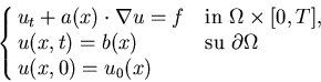 \begin{displaymath}\cases{u_t+a(x)\cdot\nabla u = f & in $\Omega\times[0,T]$, \cr u(x,t) = b(x) &
su $\partial\Omega$\cr u(x,0) = u_0(x) \cr}
\end{displaymath}